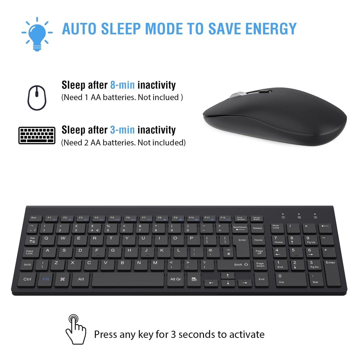 Wireless Keyboard and Mouse Set, 2.4G Compact Slim QWERTY UK Layout USB Keyboard and Cordless Silent Mouse Combo with Numeric Keypad Ergonomic Energy Saving for Windows PC/Laptop/Computer/Apple Mac