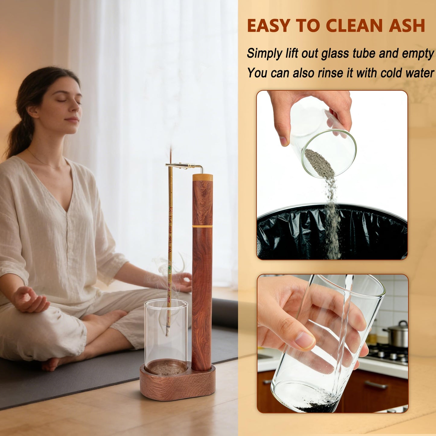 Zeckzoin Wood Incense Holder for Sticks with Glass Ash Catcher-Airtight StorageTube,Portable Incense Burner for Yoga Meditation Travel Home Gift