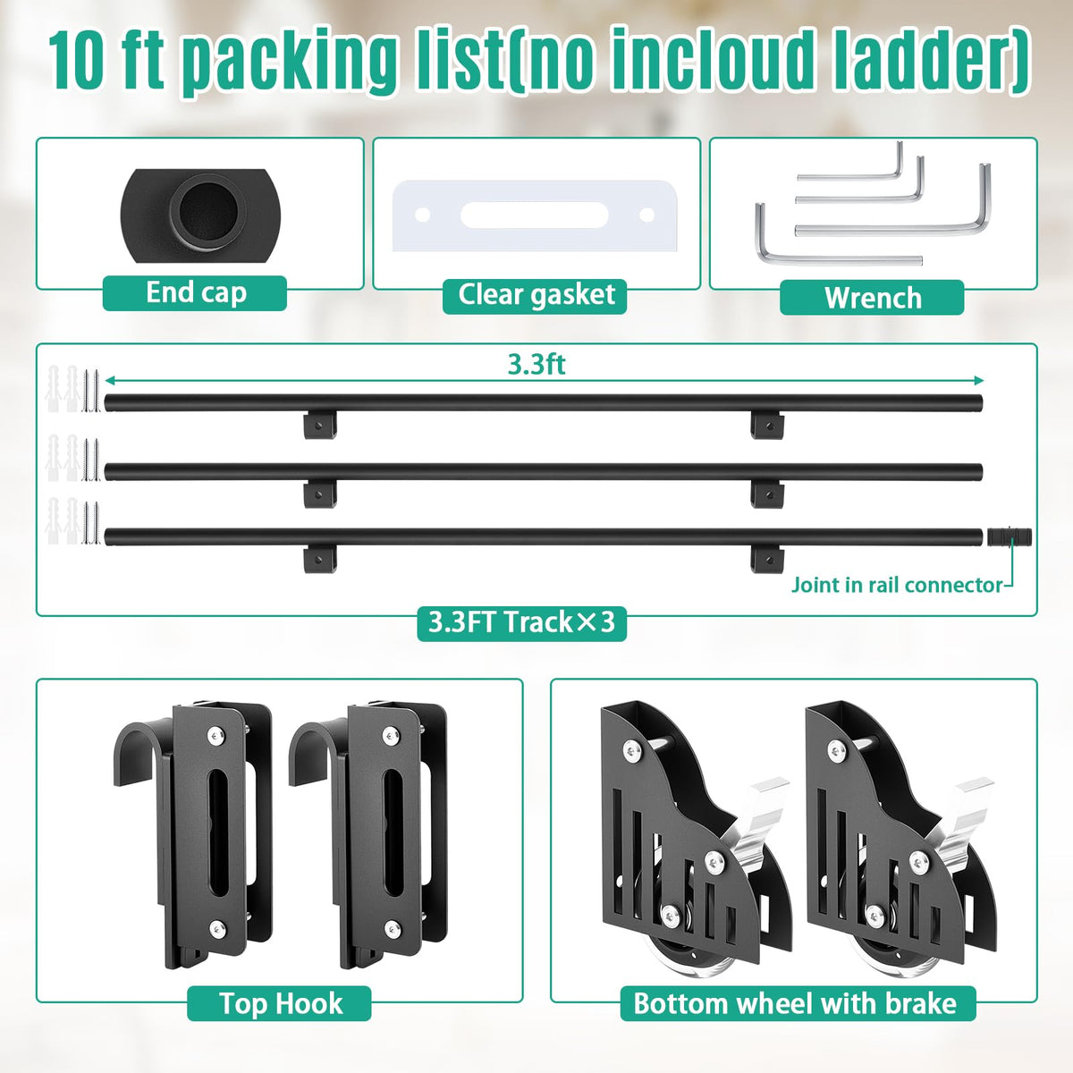 Zonon 10 ft Rolling Library Ladder Hardware Kit Includes Telescope Hook for Sliding Library Ladder 300lb Bottom Wheel with Brake Load Capacity for Stair Bookshelf Fit Thickness 1-1/8" Stepladder