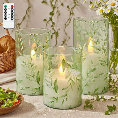 GORGE MOMENT Green Flameless Candles with Remote Willow Leaf Design Battery Operated Candles - Elegant Home Christmas Summer Decor Set of 3