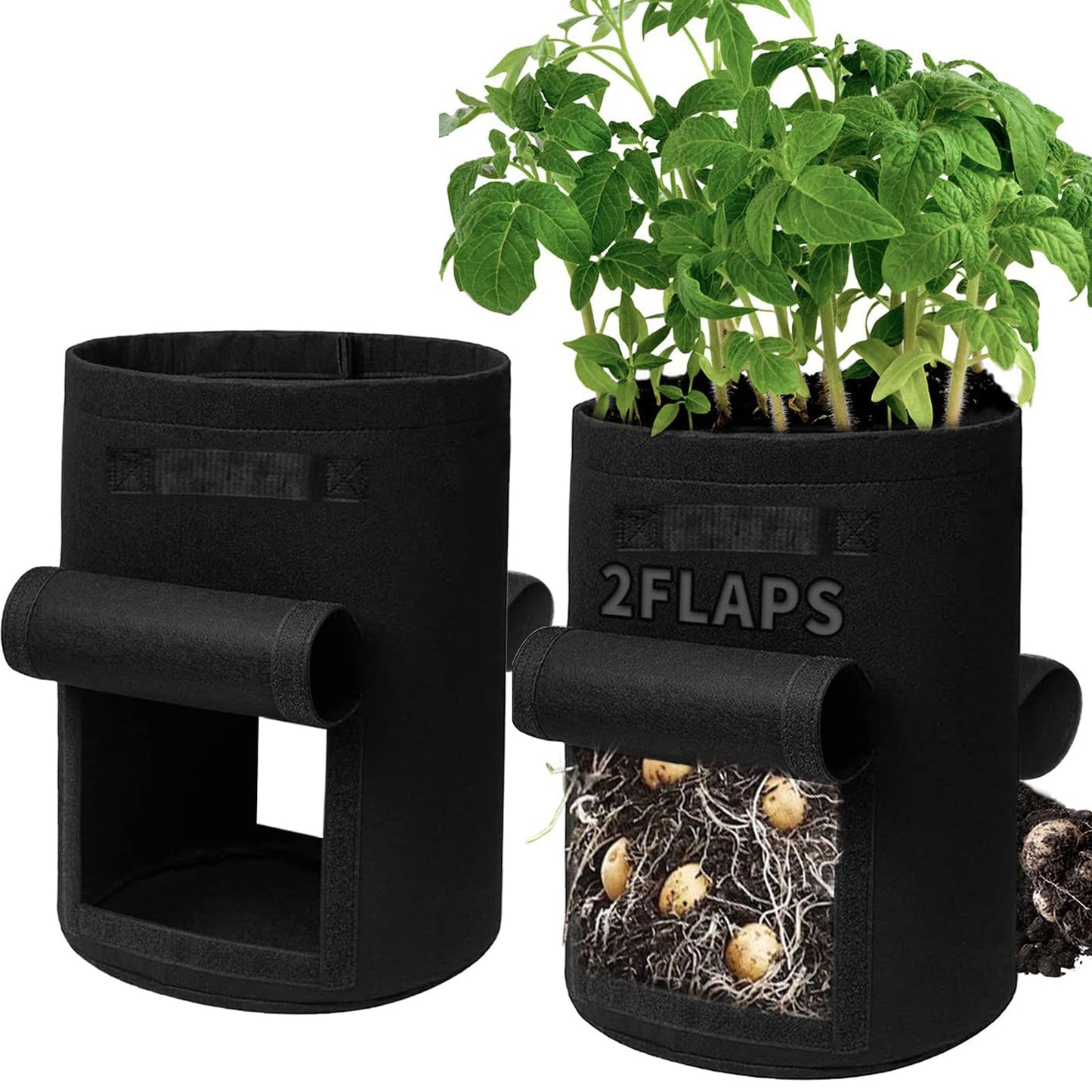 SORANGEUN Potato Grow Bags, 2-Pack 15-Gallon Grow Bags with 2 Flaps and Reinforced Handles, Heavy-Duty Thickened 500G Aeration Fabric Pots for Potatoes, Tomatoes, Flowers, and Vegetables