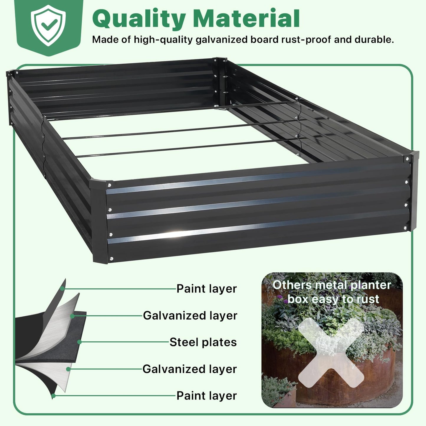 ONCEMORE Galvanized Raised Garden Bed for Vegetables Flowers Herbs, Metal Raised Garden Bed Kit with 2 PCS Tomato Cage, Gloves, Trellis Netting, Plant Labels, Plant Ties, Black 6×3×1FT