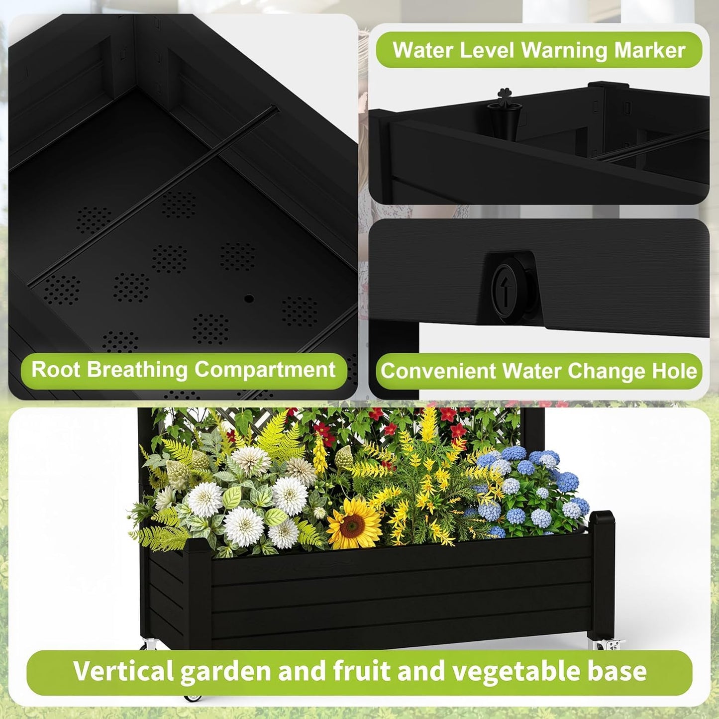 EasyUp Rolling Garden Planter Box with Trellis & Lockable Casters, Outdoor Raised Bed with Drainage & Water Gauge, Durable Resin for Patio, Balcony, Yard, Dust-Proof (Black, 43.43 * 18.27 * 64.29)