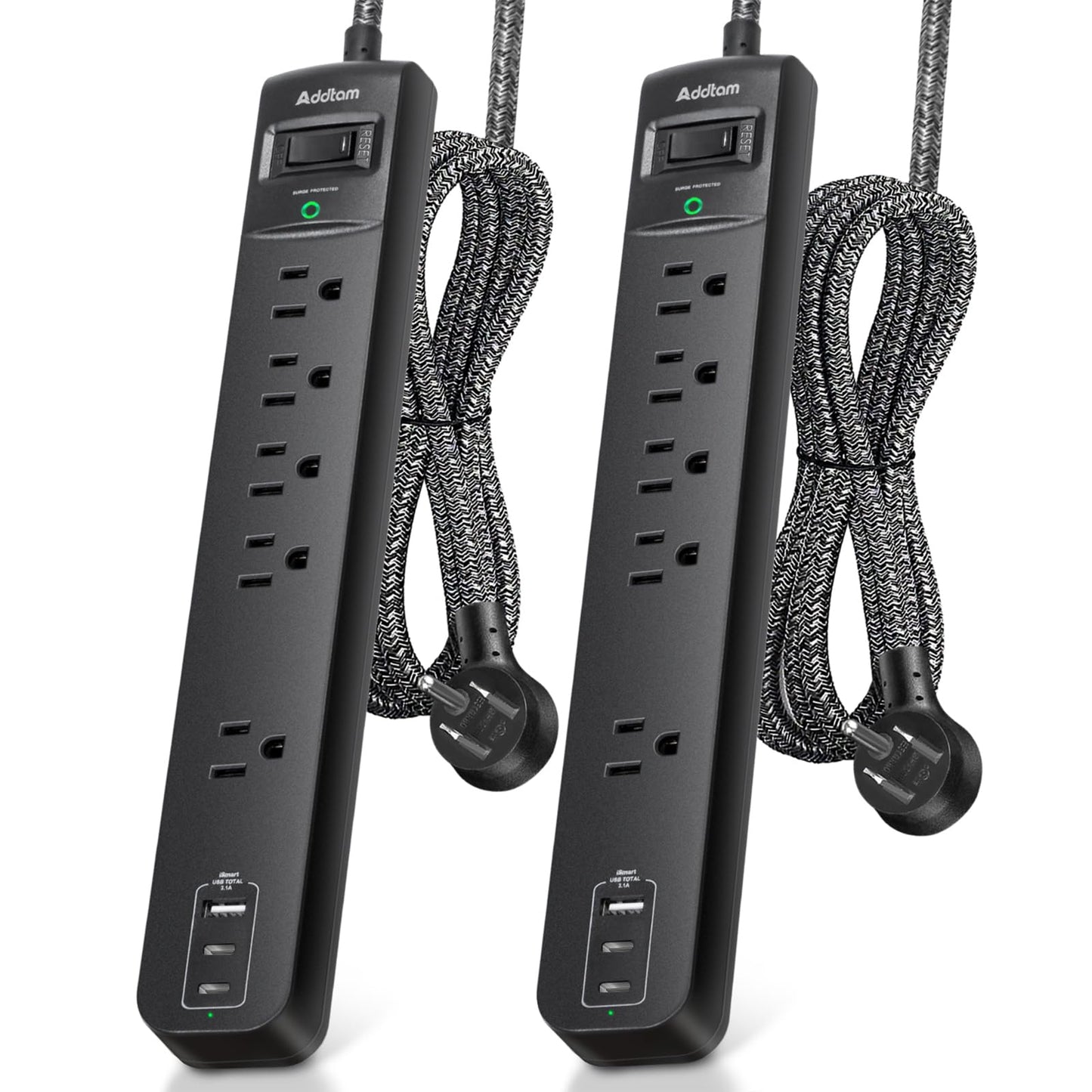 2 Pack Power Strip Surge Protector - 5 Widely Spaced Outlets 3 USB Charging Ports, 1875W/15A 6Ft Braided Extension Cord, Flat Plug Overload Protection, Wall Mount for Home Office Dorm Room Essentials