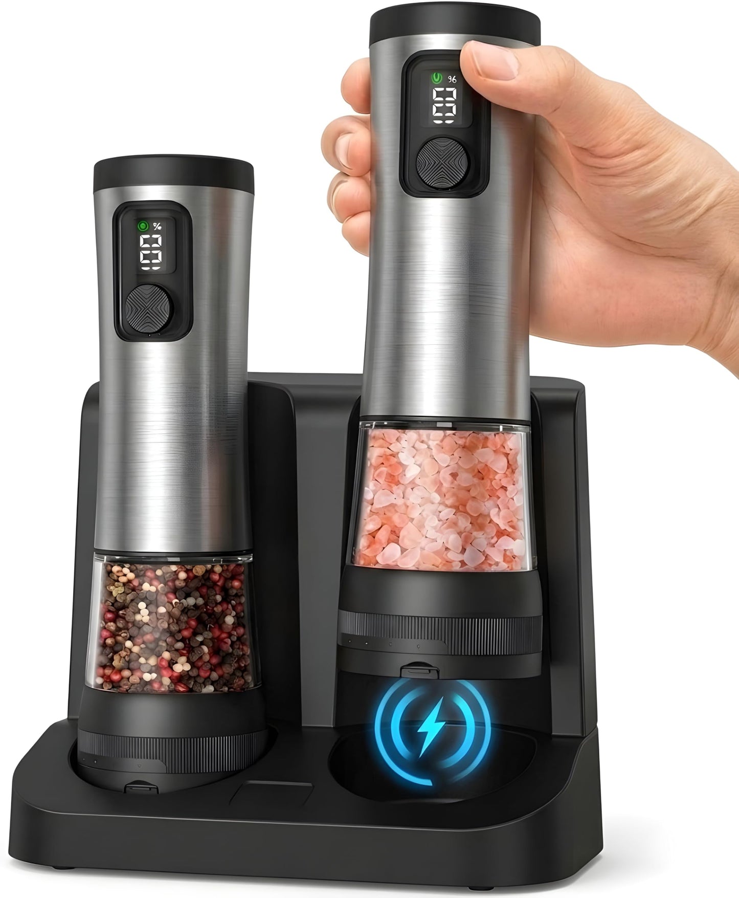 Electric Salt and Pepper Grinder Set, Automatic Rechargeable Salt and Pepper Grinder Set with 5 Adjustable Coarseness, Charging Base, LED Light Electric Salt and Pepper Shakers Set 100mL base (2-Pack)