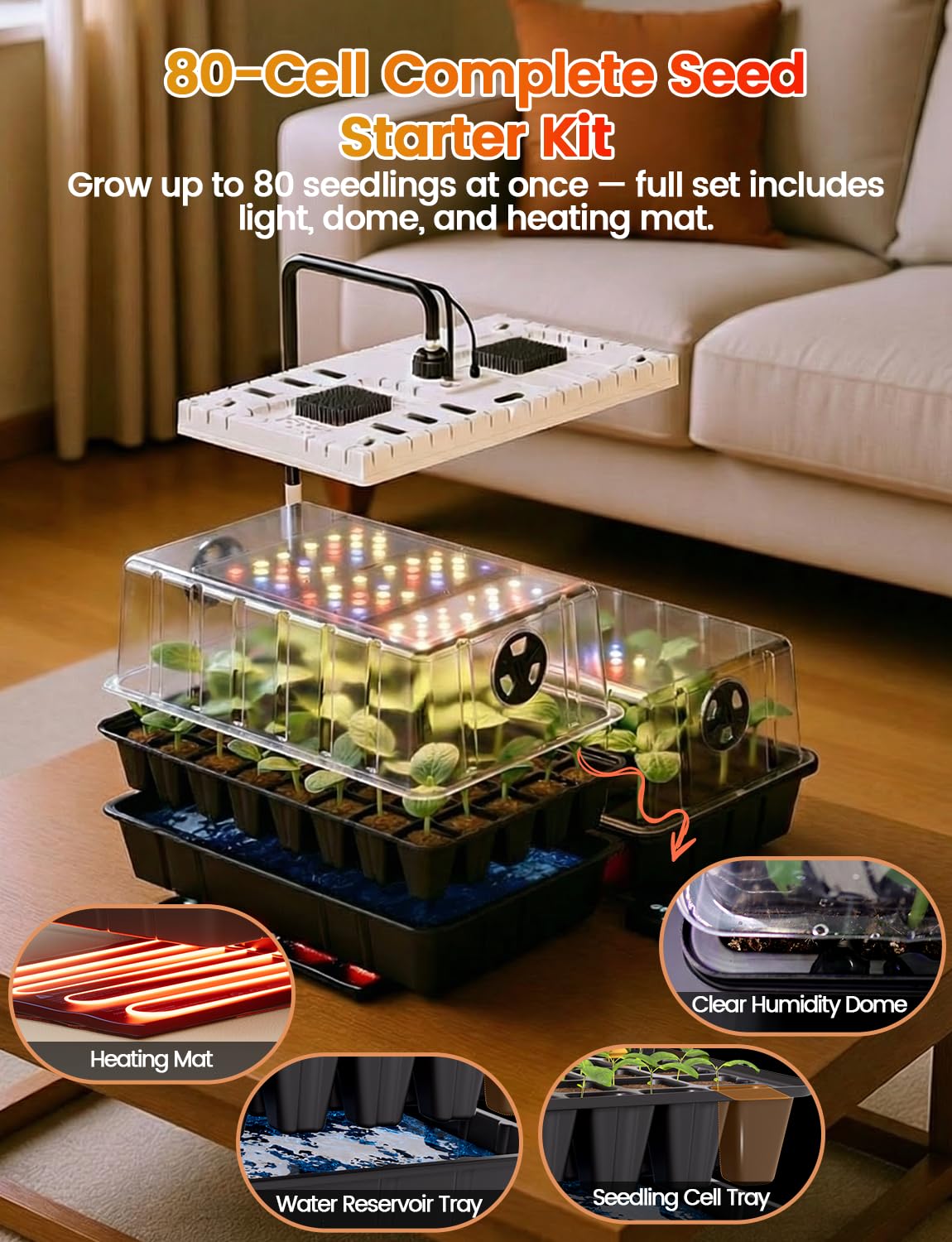 MetryGrow 48W Full Spectrum LED Grow Light Seed Starter Kit, 80-Cell Tray with 30W Heating Mat & Adjustable Dome, Waterproof Germination System for Healthy Indoor Seedlings