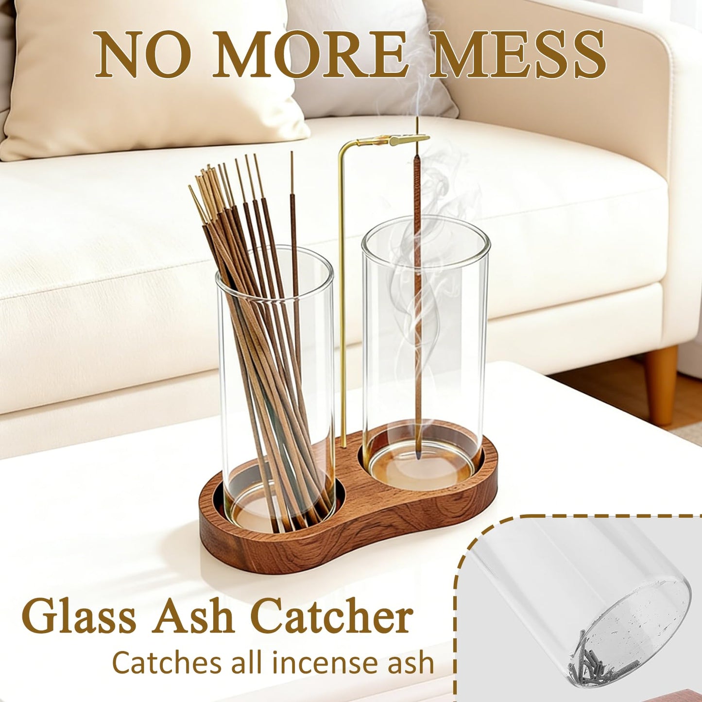 Ceremony Incense Holder, 2 in 1 Wooden Incense Holder for Sticks, Anti-ash Incense Burner with Glass Ash Catcher for Meditation Yoga Spa Room Decor