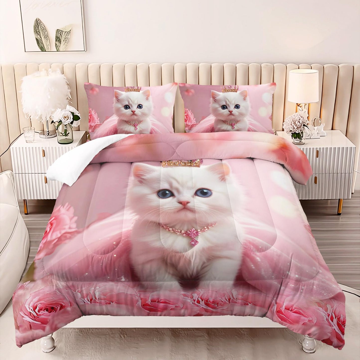 AILONEN 3D White Cat Comforter Set for Kids,Girls Full Size,Cute Crown Kitten Bedding Set for Bedroom Decor,3-Piece,1 Quilt + 2 Pillowcases,Soft Microfiber