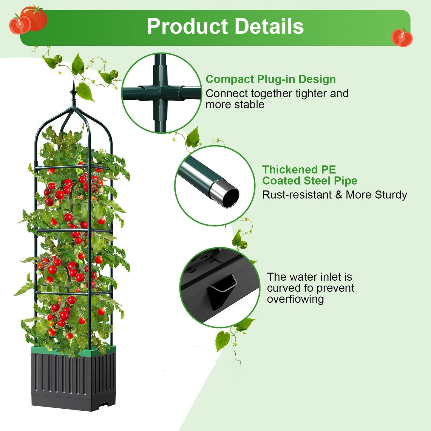 MQHUAYU Raised Garden Bed Planter Boxes with Trellis,1pcs 70.9" Self-Watering Tomato Planter Boxes with Trellis for Climbing Vegetables Plants Flowers Tomato,Use for Indoor Outdoor (Black)