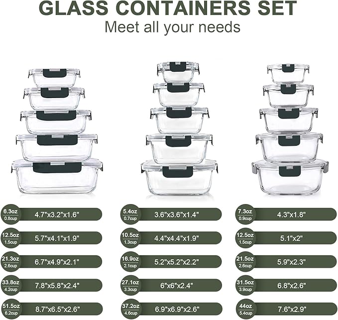 KOMUEE 30 Pieces Glass Food Storage Containers Set, Glass Meal Prep Containers