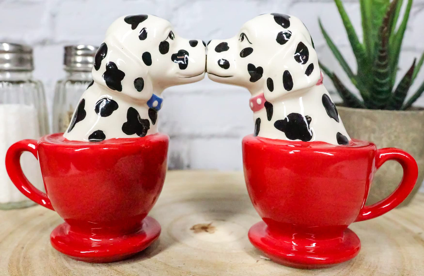 Ebros Ceramic Fire Station Teacup Dalmatian Dogs Pedigree Dog Breed in Tea Cups Salt and Pepper Shakers Figurine Set Pet Pal Pups Puppy Love Male Female Dog Decor Kitchen Dining Table Accessory