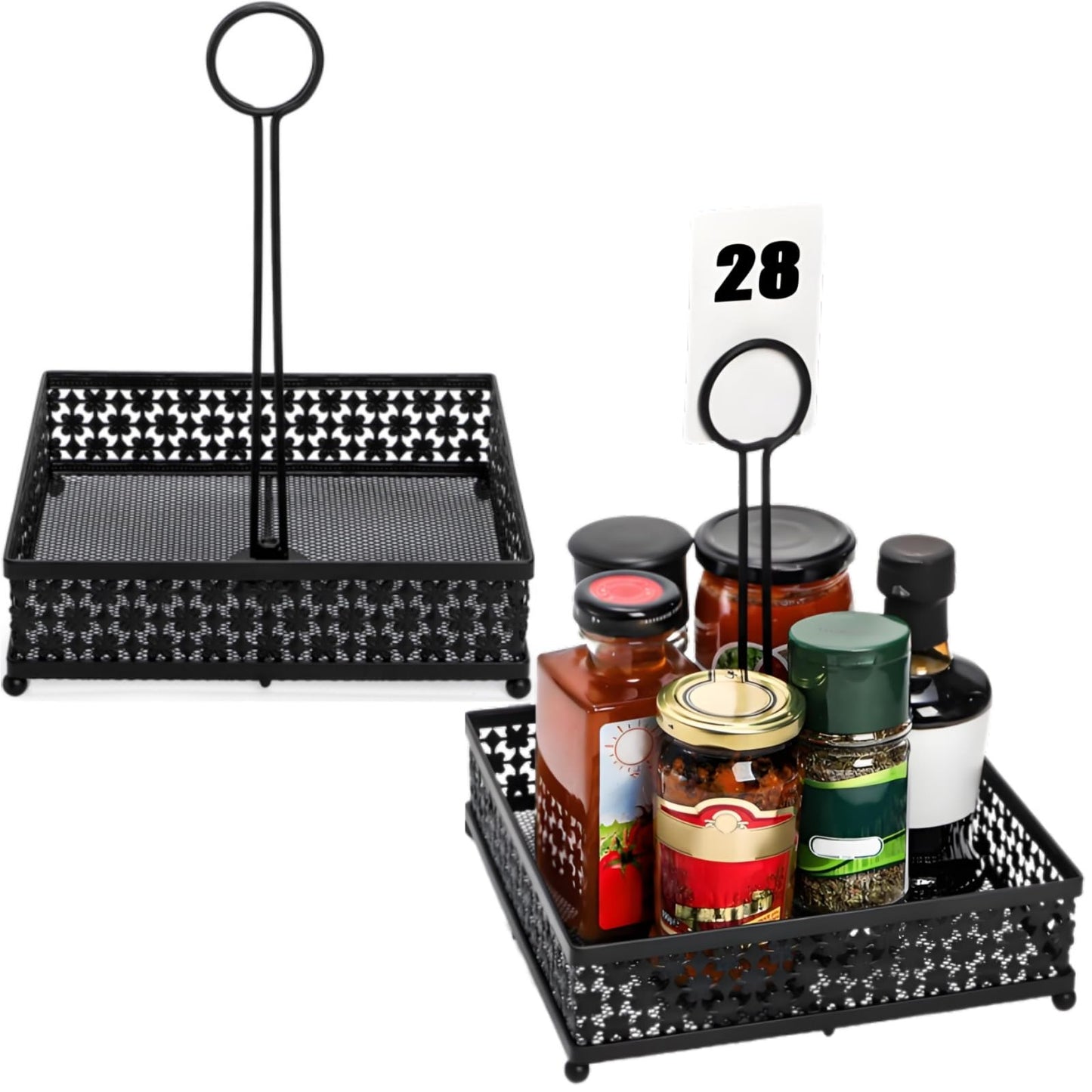ZAVOOS 2 Pack Condiment Caddy, Metal Square Table Caddies Collection Spice Organizer with Number Card Holder for Kitchen Cabinet, Floral Decor Seasoning Sauce Holder for Outdoor Grill, Picnic, Party