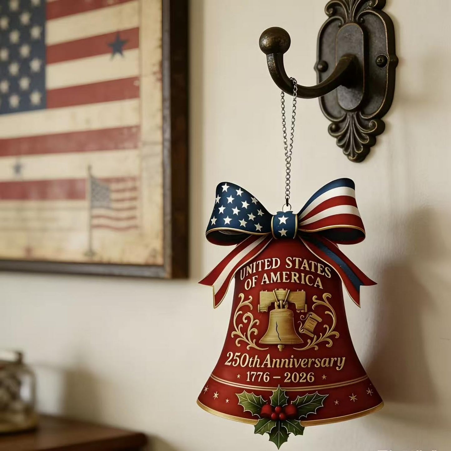July 4th 250th Anniversary Ornament,Bell Sun Catcher Hanging,Red with America Flag Designs Bow Patriotic Christmas Ornaments,Full Cover Acrylic Suncatchers for Windows Decor Party Supplies for Garden