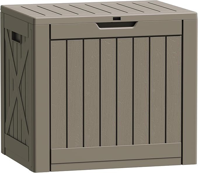 Flamaker Resin Deck Box 40 Gallon Waterproof Outdoor Indoor Storage Box Imitation Wood Resin for Patio Furniture Garden Tools and Pool (Brown)