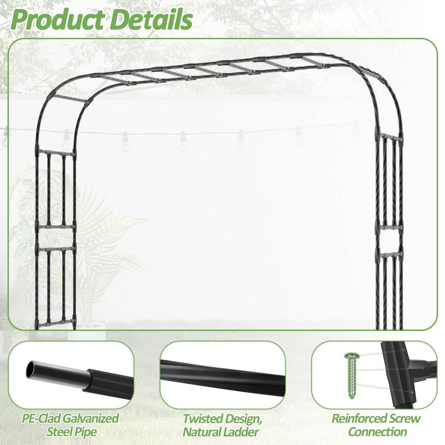 Trellume Thickened Metal Garden Arch-141.7"(L)*94.5"(H),Garden Arch Trellis for Climbing Plants Outdoor, Heavy Duty RustProof Iron Arbor Archway for Backyard, Patio, Lawn and Wedding Decorations
