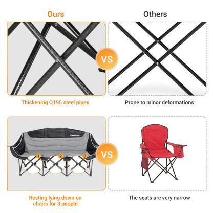 KingCamp 3 Person Camping Chair, Oversized 1100lbs Heavy Duty Loveseat for Adults Portable Folding XL 2 Person Couch Padded Comfortable Three Seat with Cup Holder for Outdoor Lawn Backyard, Black/Grey
