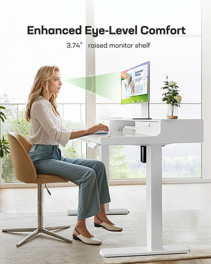 Marsail 48x24 inch Glass Standing Desk with Drawers, Computer Desk with Monitor Stand, Home Office Adjustable Table with Drawers, 4 Preset Heights, Stand up Table for Home, Office, White
