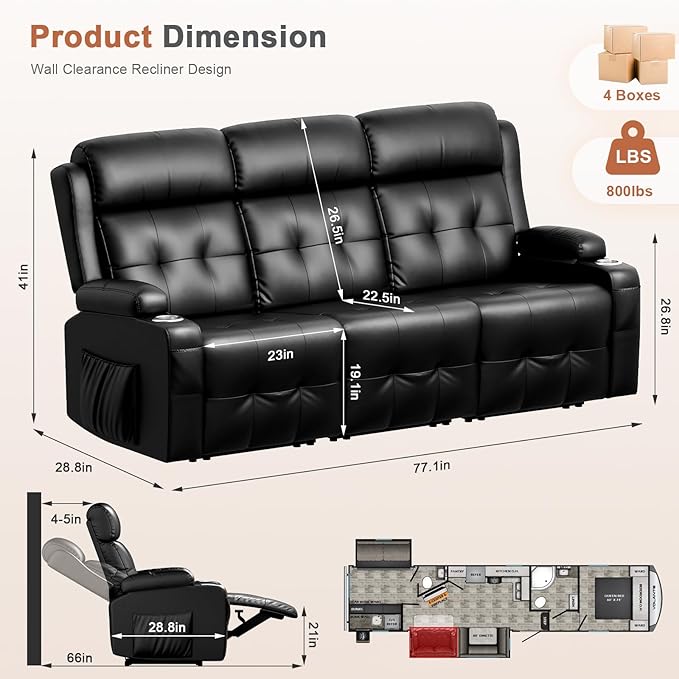 RV Loveseat Recliner Sofa, 3 Seater Massage Wall Hugger Reclining Couch