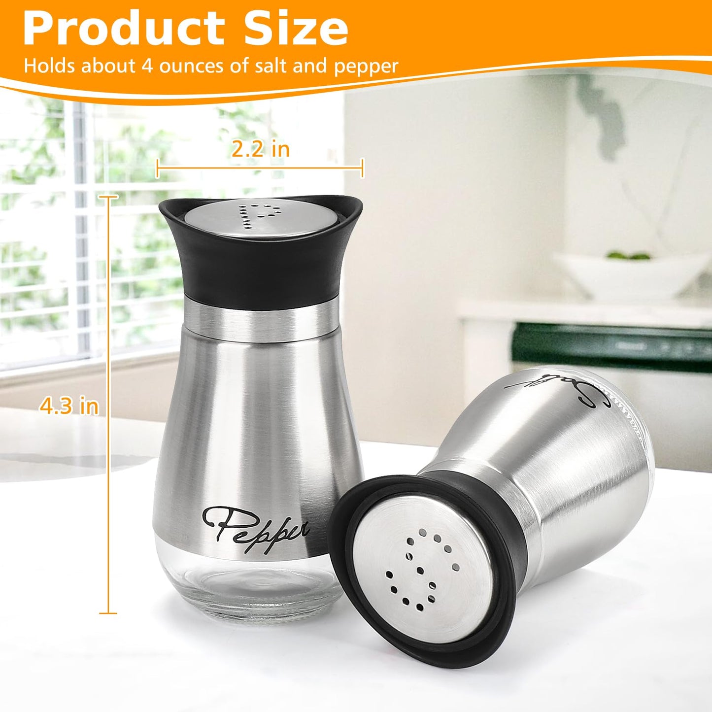 Accmor Salt and Pepper Shakers Set with Holder, 4 oz Stainless Steel Salt Pepper Shaker Containers with Glass Bottom for Kitchen Cooking, BBQ, Bar, Table, RV, Camp