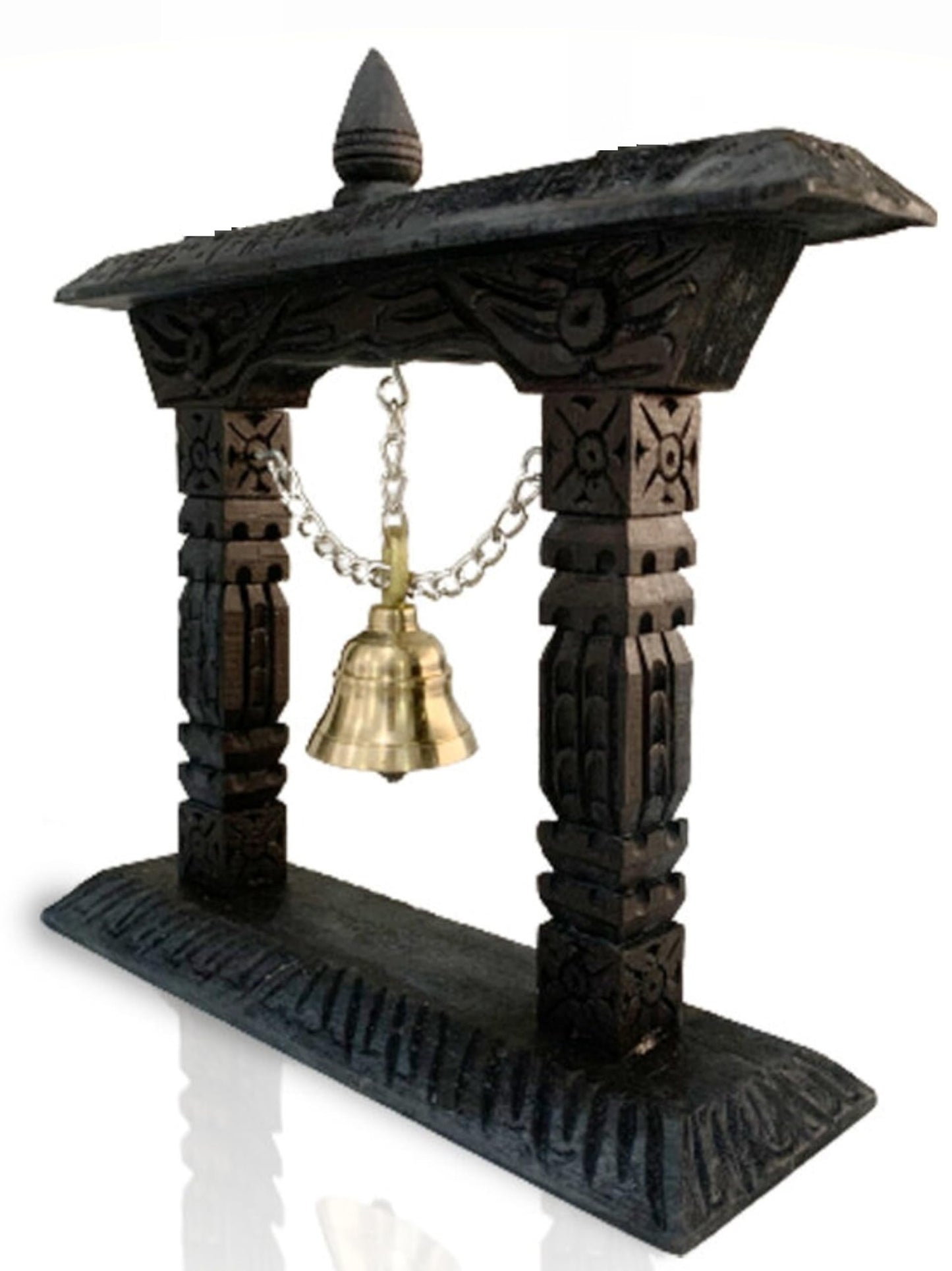 Himalayan Craft Traditional Table Brass Bell On Wooden Frame Pooja Hand Bell Ghanti for Temple Home Store for Puja Gift Decoration & Collections - Handmade in Nepal