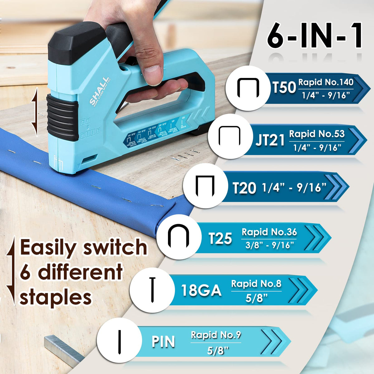 SHALL 6-in-1 Staple Gun Heavy Duty - Upholstery Stapler Nail Gun with 4000 Counts Staples, Manual Brad Nailer with Staple Remover for Wood, Crafts, Fabric, Cable, Wall, Decoration, Furniture