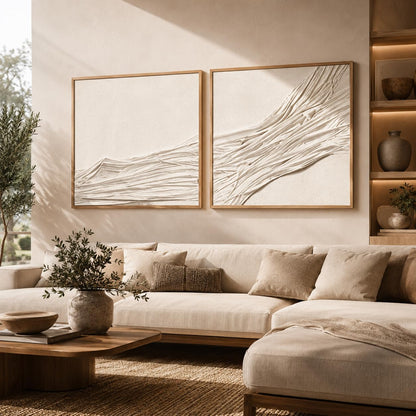 Artists' 3D Textured Wall Art Set of 2, Large White Beige Abstract Wall Decor, Handcrafted Fabric Textured Framed Artwork for Living Room Bedroom Office, Neutral Modern Boho Wall Art, 30x30 Inch x 2