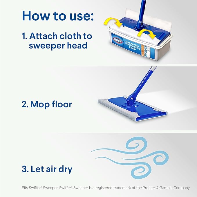 Clorox Disinfecting Wet Mop Pad, Disposable Mop Heads, Rain Clean, 2 Packs