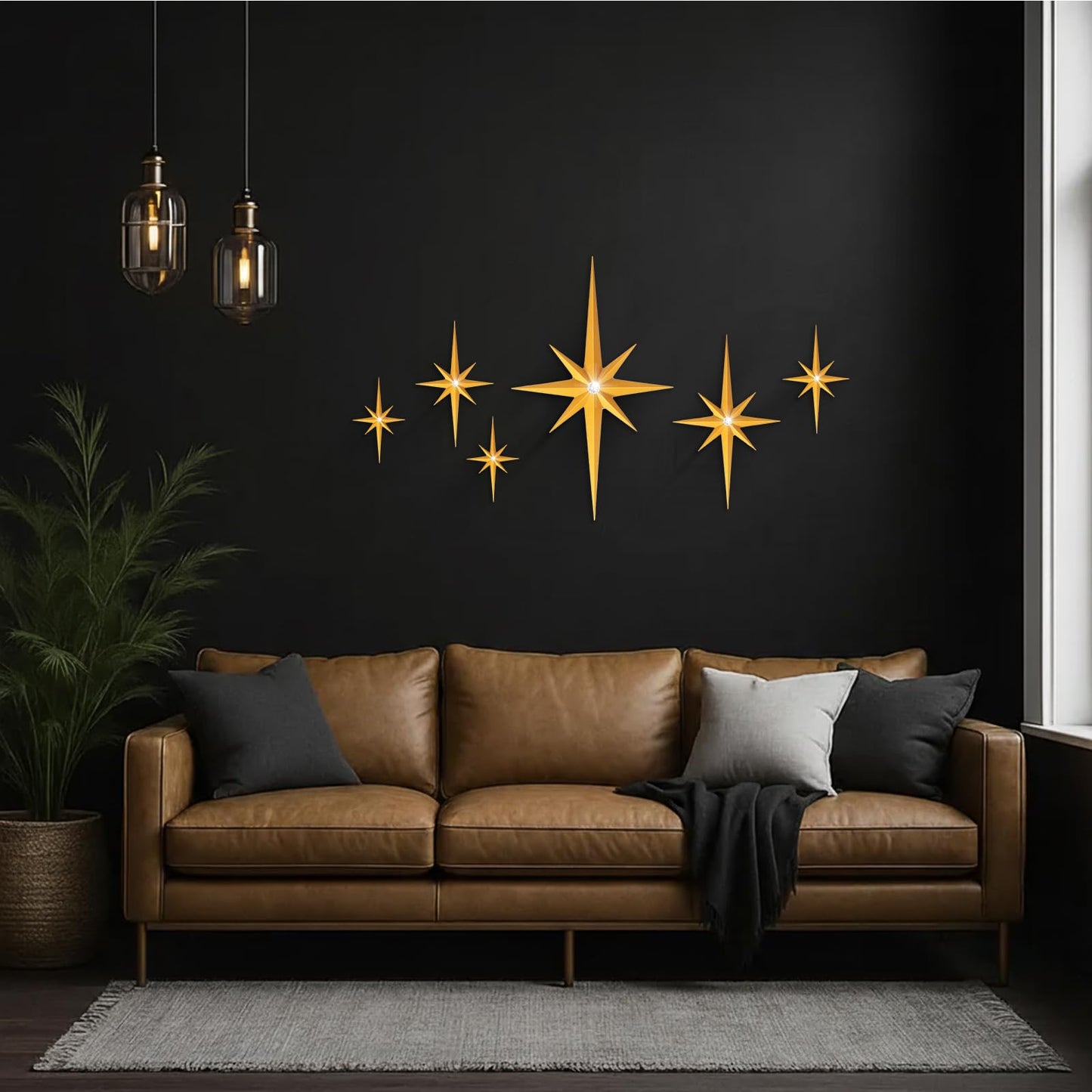 BreezeHug 6 Pcs Mid Century Modern Home Decor Star Art Wall Sculpture with Rhinestone Retro 3D Plastic Star Art Wall Sculpture Bling Diamonds Decor for Home Office Bedroom Entryway(Gold)