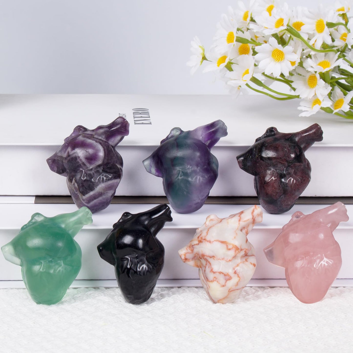Rainbow Fluorite Heart Crystal Figurines, 2.1 Inch Crystal Heart Love Statue for Home Decor, Meditation and Stress Relief, Hand Carved Natural Healing Stone Cardiac Sculpture Spiritual Gift for Women