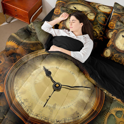 Erosebridal Ndustrial Gear 7 Pcs Bedding Set Queen Steampunk Style Comforter Set with Sheets Clocks Theme Bed in A Bag Mechanical Device Retro Brown Bedroom Decor