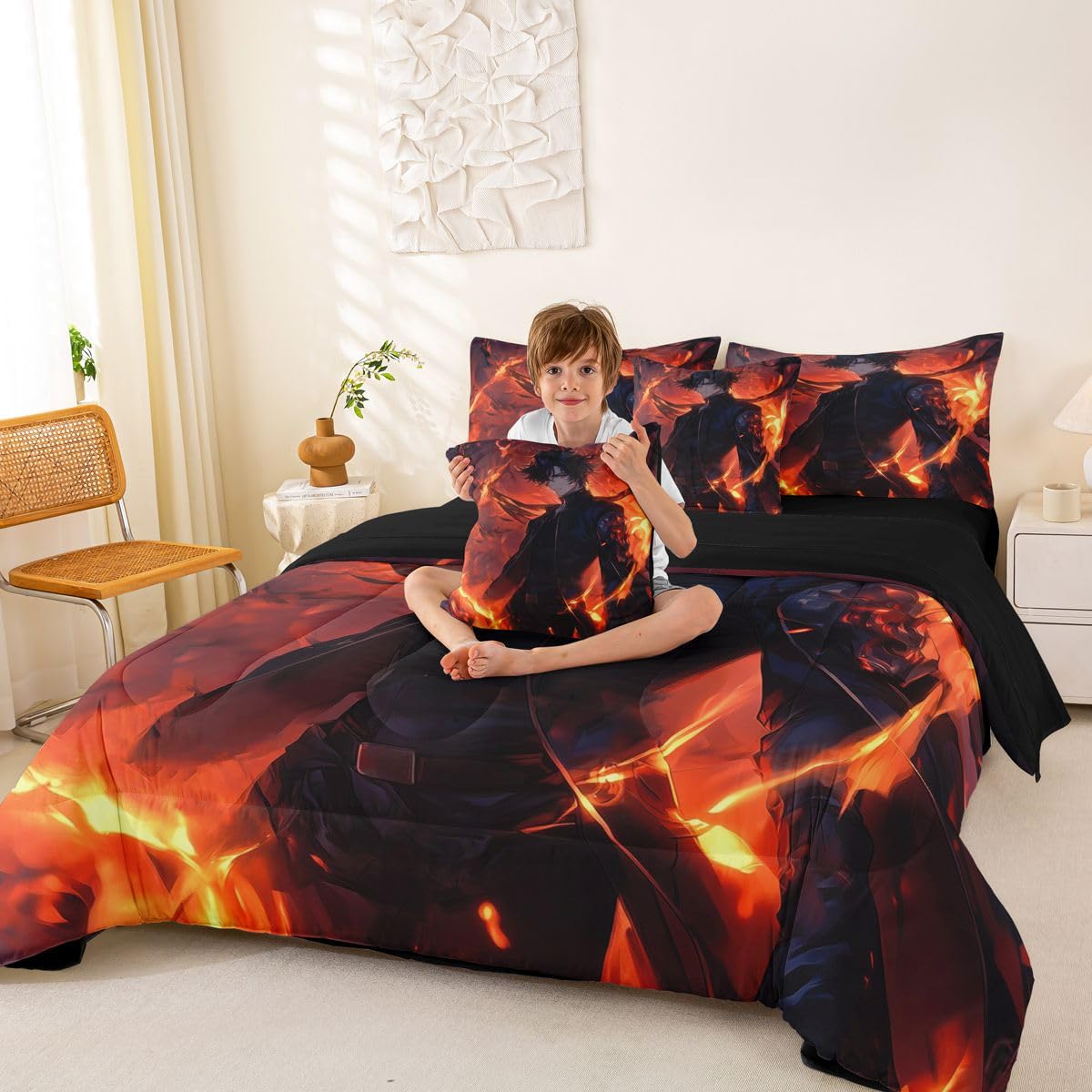Erosebridal Anime Boy Twin Comforter Set 7 Piece,Japanese Anime Bedding Set with Sheets for Boys Teen Kids,Gaming Gamer Bed Set with Fitted Sheet,Flat Sheet,Pillowcases,Throw Pillow Covers