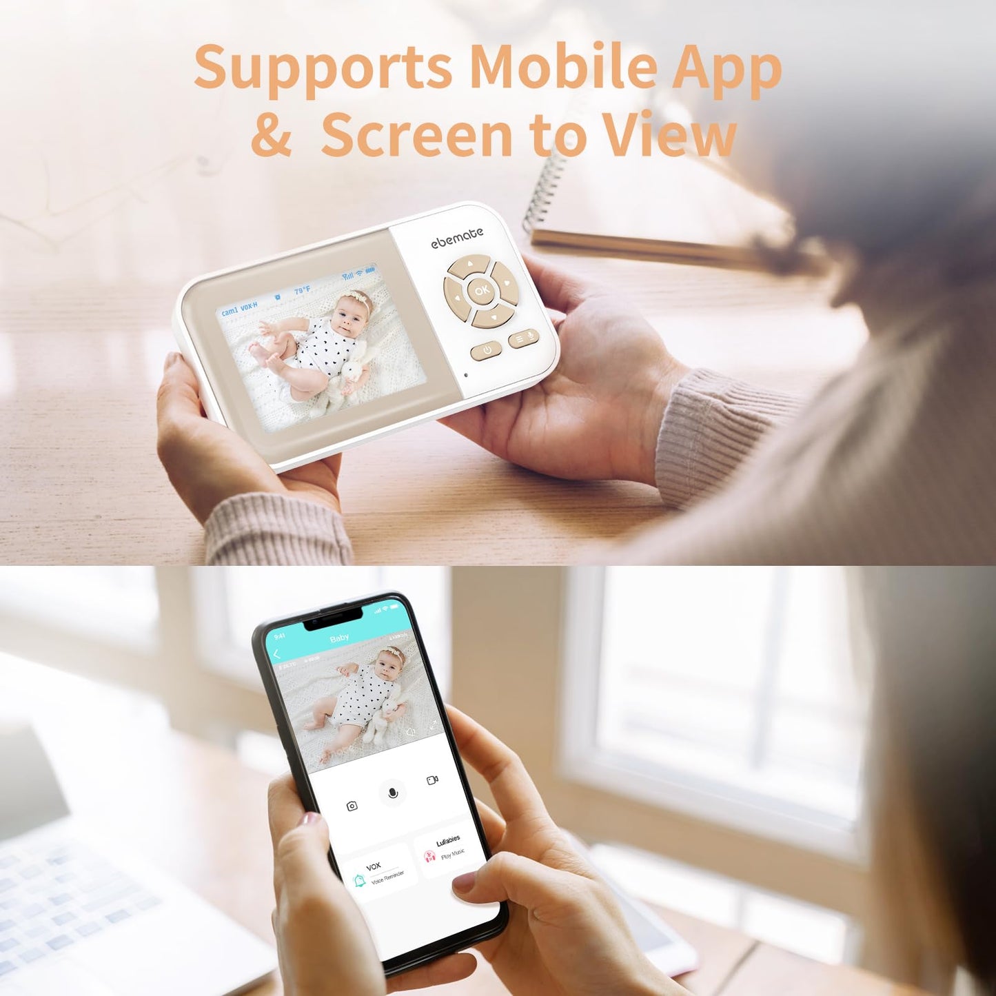 ebemate Video Baby Monitor Camera with 2.8" LCD Screen Video & Audio No Glow Night Vision,2-Way Talk Audio Cam Baby Monitoring 1200FT Range EBE28