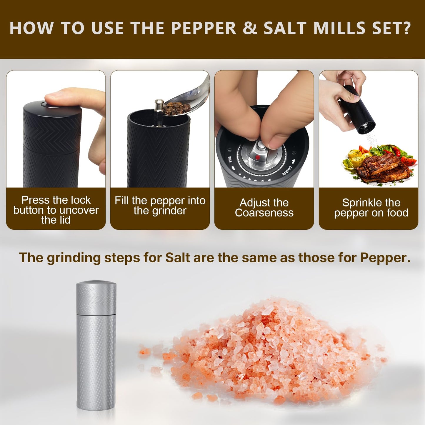 ARKNOAH Salt and Pepper Grinder Set 2-Pack with Stand, Adjustable Coarseness Mill - Aerospace Aluminum Body, Stainless Steel & Ceramic Core, Refillable Spice Grinders for Kitchen & BBQ