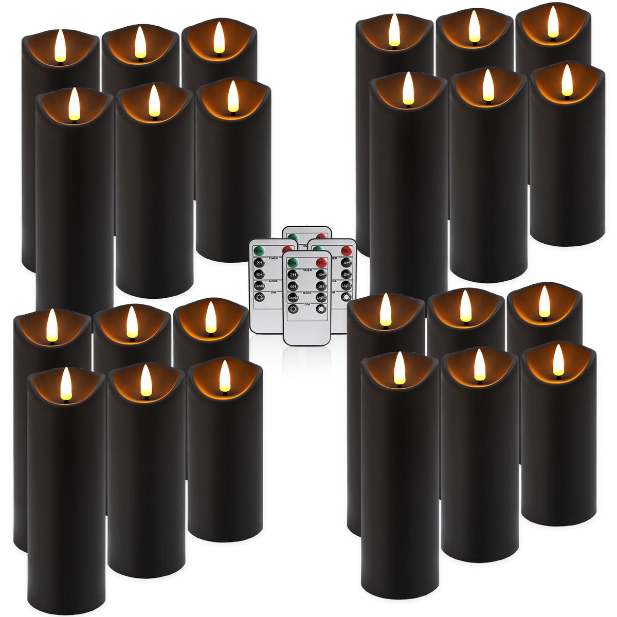 fclayvts Realistic Flameless LED Candle Black Set of 24, Battery Operated with Remote Control, 3D Flame Pillar Timer Funtion Melted Top Safe,Perfect for Indoor/Outdoor Decor,Wedding,BBQ and Gift