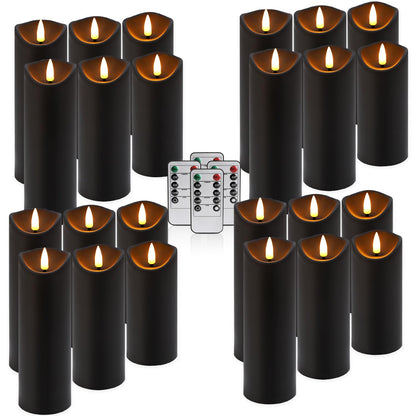 fclayvts Realistic Flameless LED Candle Black Set of 24, Battery Operated with Remote Control, 3D Flame Pillar Timer Funtion Melted Top Safe,Perfect for Indoor/Outdoor Decor,Wedding,BBQ and Gift
