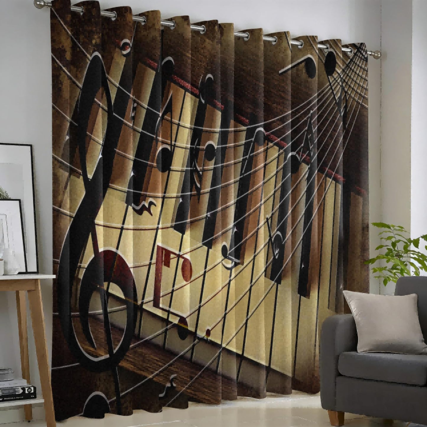 MBVZGUK Retro Nostalgia Piano Keyboard Curtains for Bedroom, 63 Inch Length 2 Panels, Music Note Staff Pattern Curtain Panels, Classic Rustic Brown Vintage Style Window Drapes for Music Studio