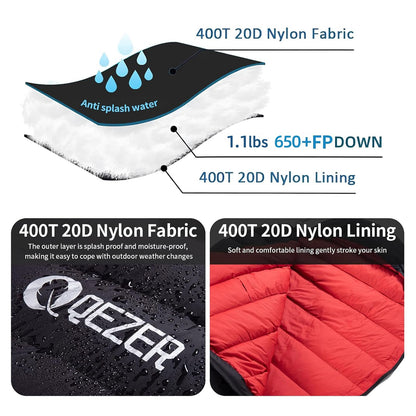 QEZER Sleeping Bag for Adults 650FP Down Mummy Sleeping Bag Cold Weather 3-Season Lightweight Compact for Camping Backpacking Hiking Travel 36°F-63°F