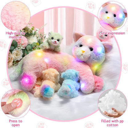 Skylety Nurturing Cat Stuffed Animal with 4 Plush Kittens, Cat Baby Stuffed for Girls Boys Plushy Mommy Kitty with Baby Kittens for Christmas Birthday Party Favors Gifts(LED Style)