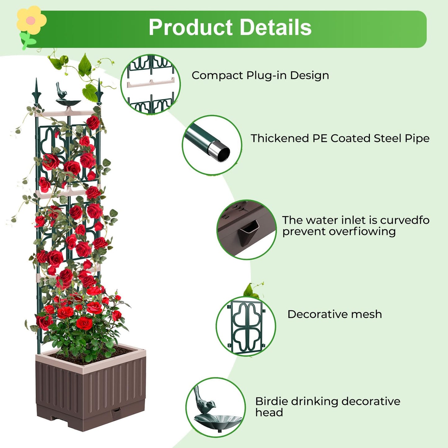 MQHUAYU Raised Garden Bed Planter Boxes with Trellis,61.4" Self-Watering Trellis with Planter Box for Climbing Plants Flowers Vegetables,Use for Indoor Outdoor
