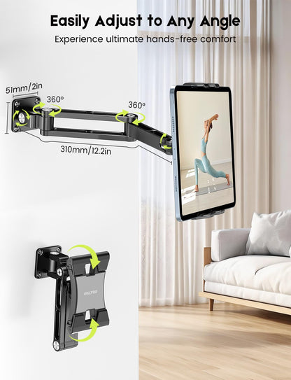 OHLPRO Tablet Wall Mount, Heavy Duty Aluminum iPad Wall Mount Holder with 360° Rotating 2-Stage Foldable Arm, Compatible for 5-13" Phones and Tablets, for Kitchen, Gym, Office, Home