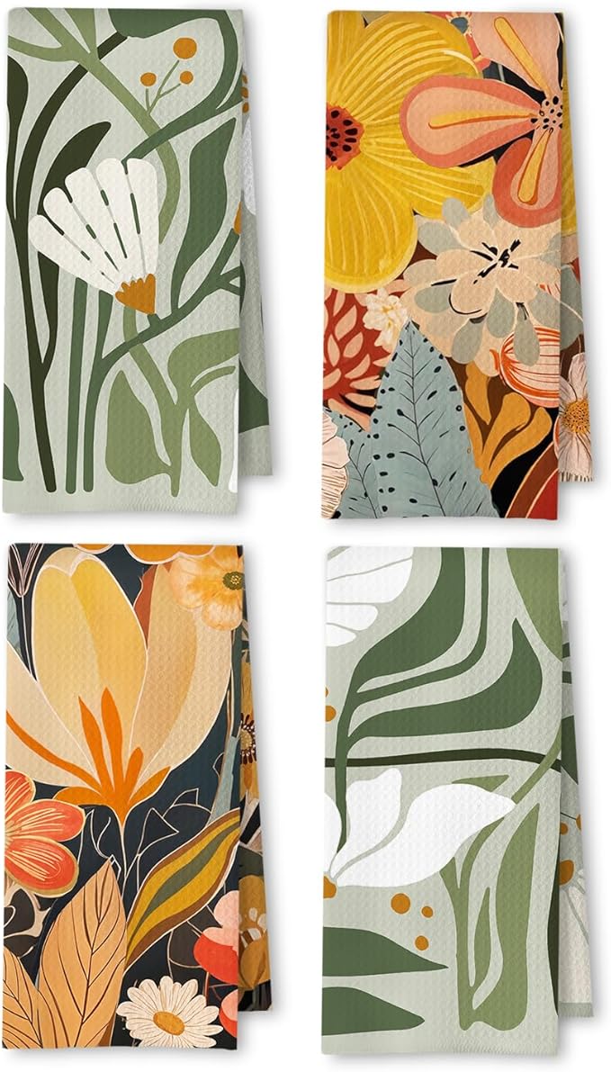 Abstract Boho Floral Kitchen Towels, Colorful Modern Abstract Flower Dish Tea