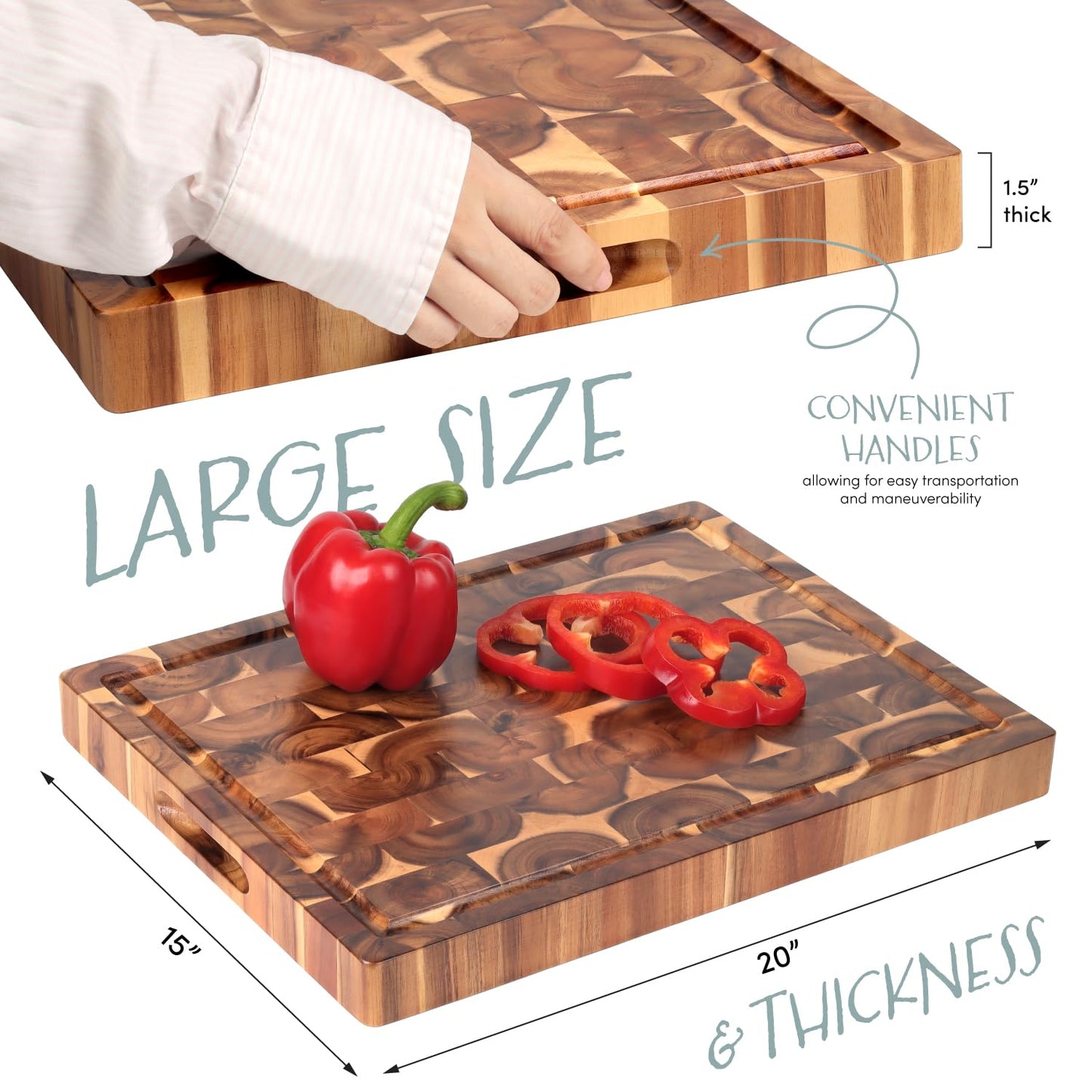 XL Acacia End Grain Wood Cutting Board (20x15x1.5in) Acacia Wooden Cutting Board, Butcher Block, Chopping Board - Reversible Multipurpose For Kitchen with Juice Groove, Cracker Holder & Inner Handles.