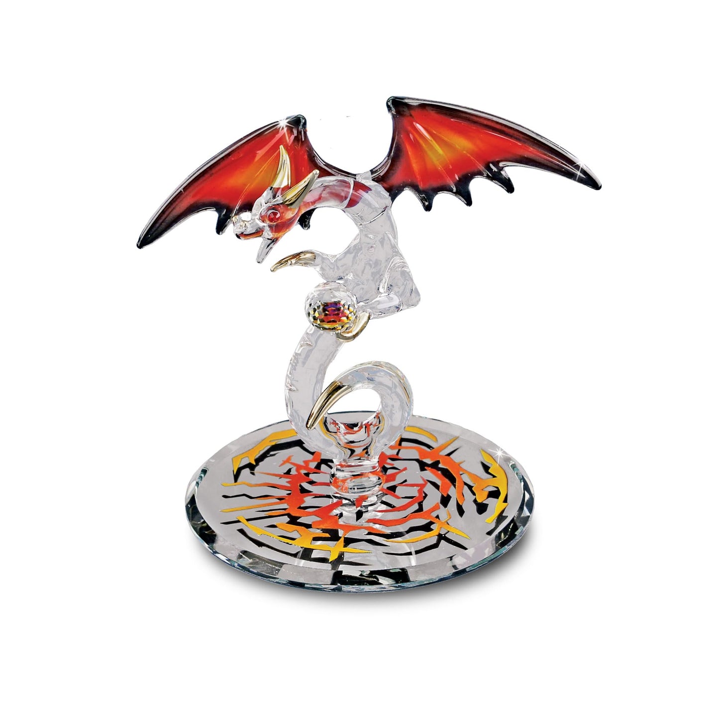 Glass Baron Dragon Crystal Fury Glass Figurine, Hand Blown & Sculpted with 22K Gold Accents & Beveled Mirror Base, Collectible Ornament for Home Decor Table Centerpiece