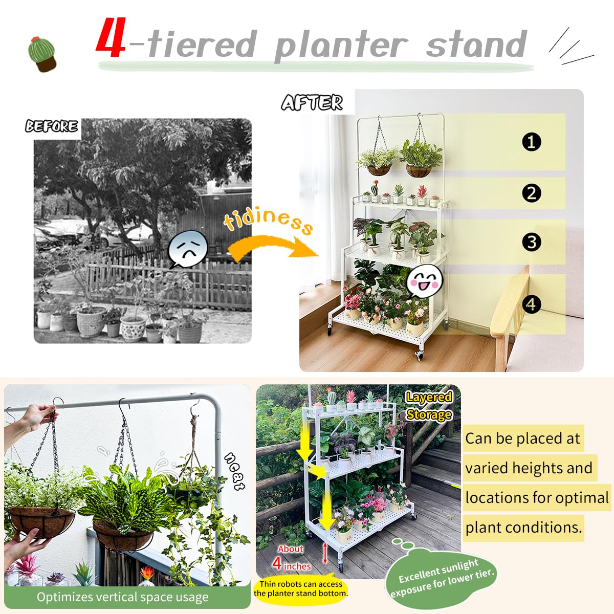 lumizone Foldable 4-Tier Plant Stand Indoor Outdoor Hanging Plant Shelf No Assembly Required Pot Placement Area With Wheels Sturdy Fall Prevention Storage Shelf Flower Pot Stand(4 Tier-White)