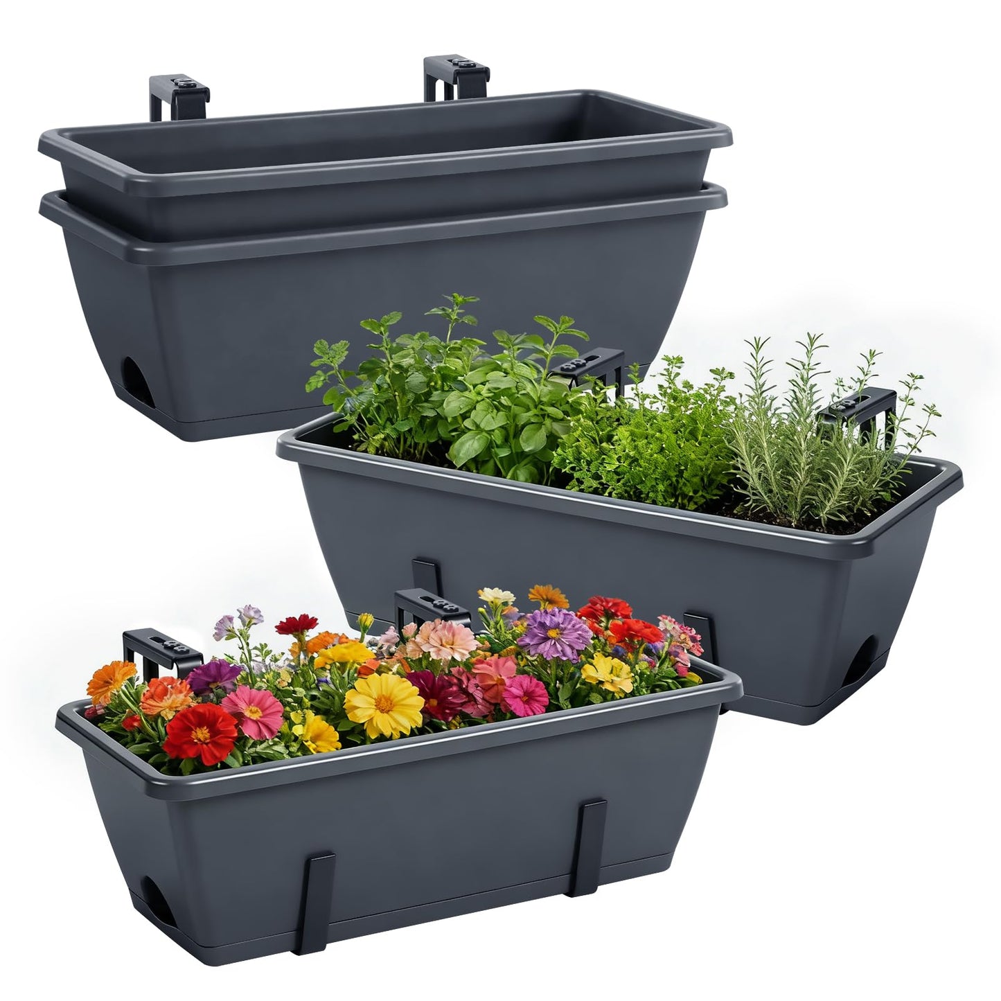 OYEAL Deck Railing Planter Box 4 Pack Window Boxes Planters with Adjustable Brackets, 17 Inch Hanging Flower Pots for Plants for Front Porch, Garden Fence, Apartment Patio Balcony Decor, Grey