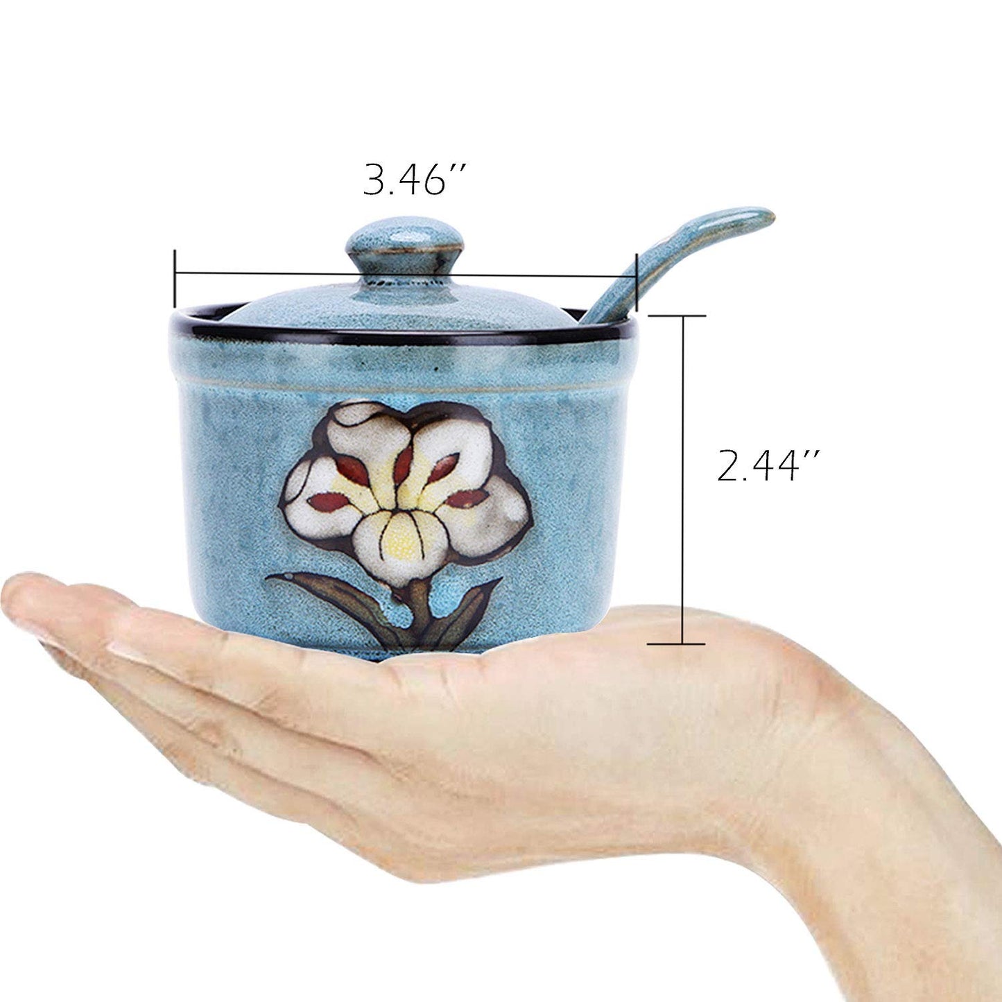 VanEnjoy Retro Hand Painted Flower Ceramic Round Sugar Spice Containers Porcelain Jar with Spoon Round Condiment (blue)