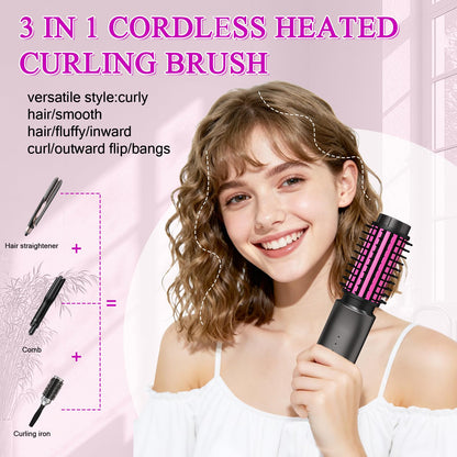 Cordless Hair Curling Iron Brush, Travel Curl Brush, 3-in-1 Portable Curling Iron Cordless, Plasma Thermal Hair Brush, 7000mAh USB Rechargeable Curlings Wand, Mini Hot Curlings Brush-Blush Pink