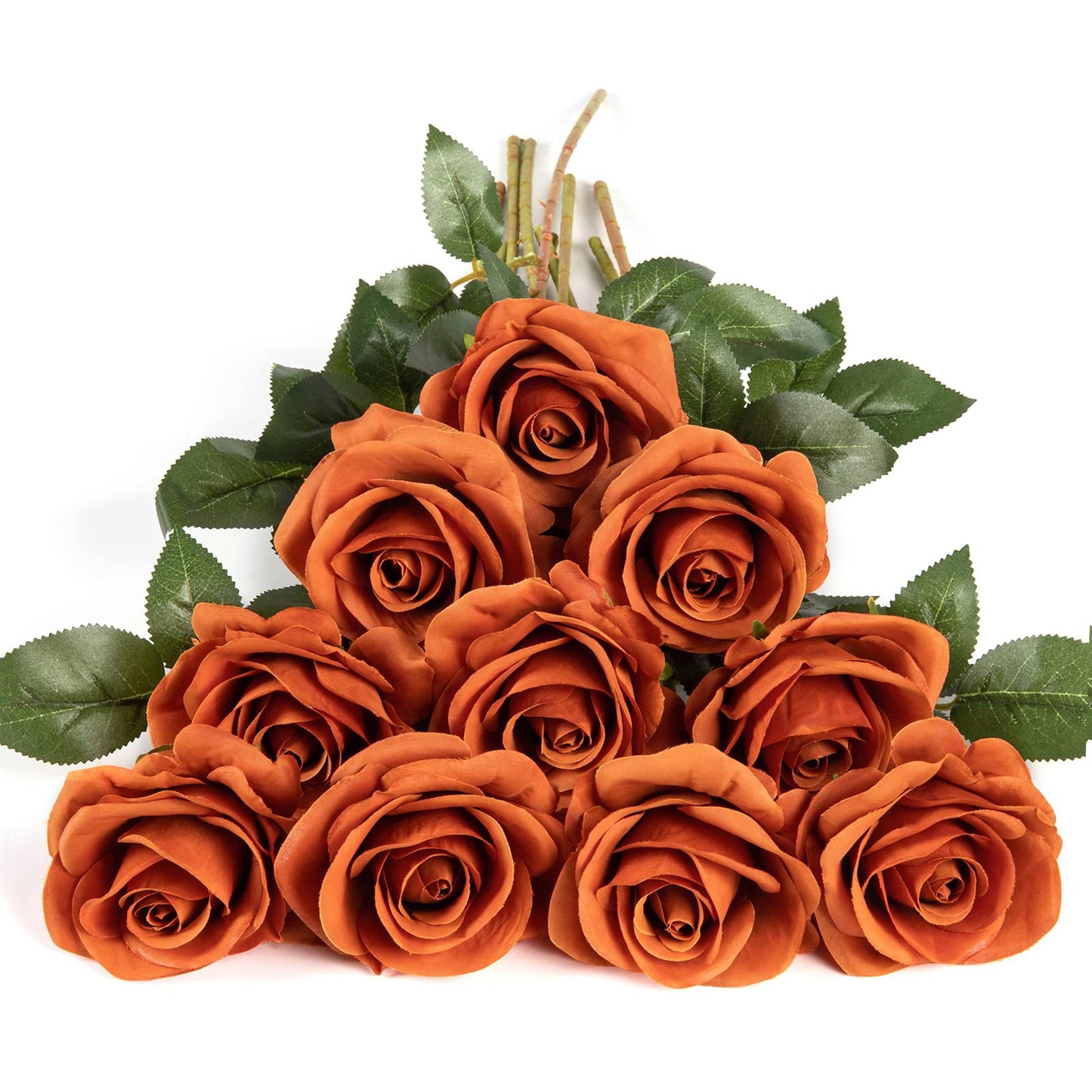 DuHouse 10Pcs Artificial Roses Fake Silk Flowers Realistic Bridal Bouquets with Single Long Plastic Stems for Arrangement Wedding Table Centerpiece Party Home Decor(Burnt Orange)