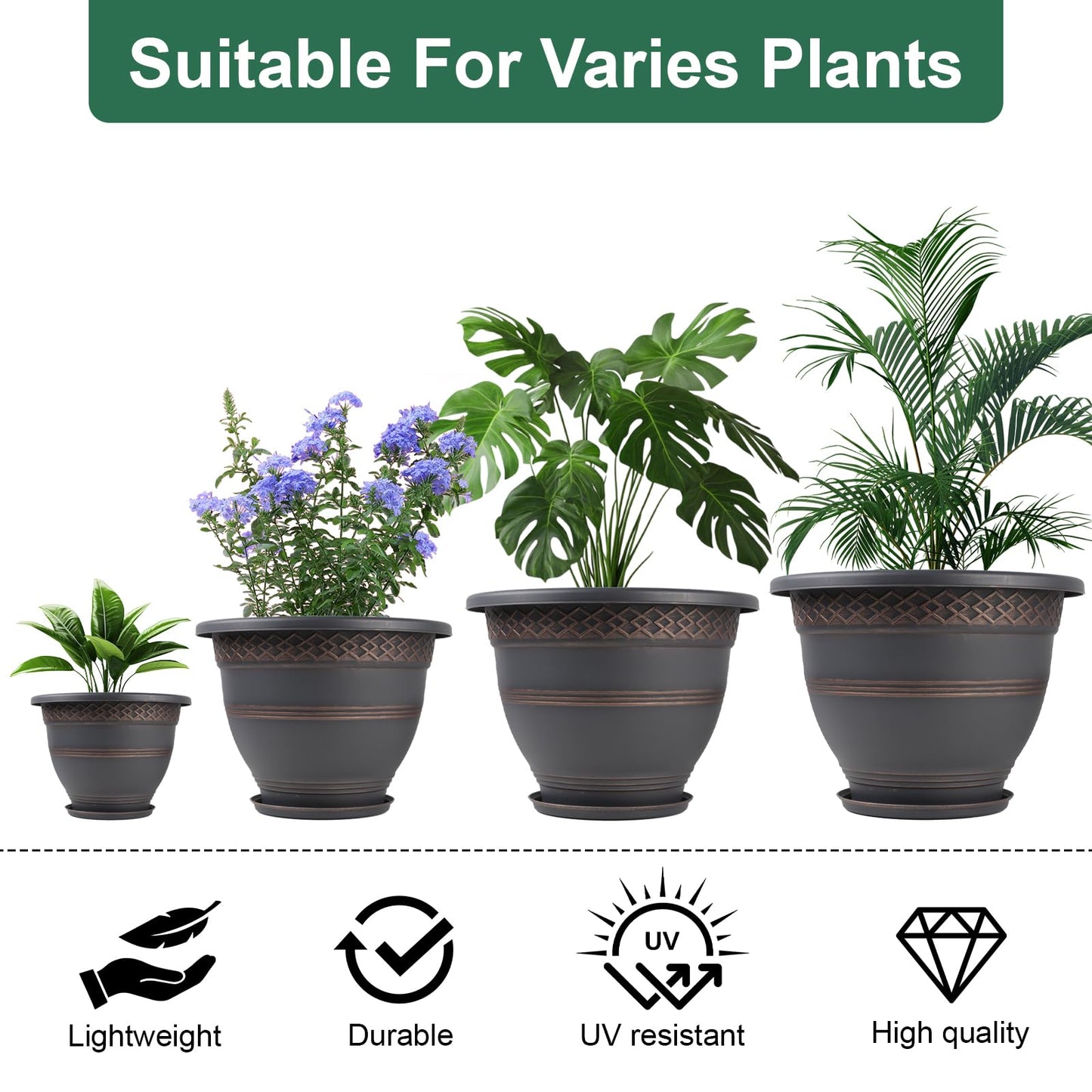 Usocik 4 Pack 16 Inch Large Plant Pots, Plastic Flower Pot for Indoor & Outdoor with Drainage Holes & Saucer, Plaid Pattern Planters Garden Pots for Herbs