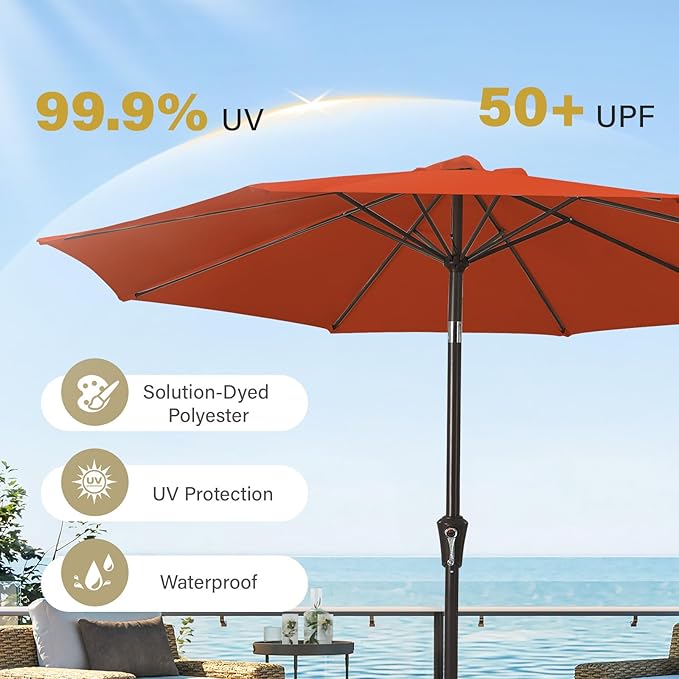 MEWAY 9ft Patio Umbrella Outdoor Table Umbrellas with Push Button Tilt and Crank, Market Umbrella 8 Sturdy Ribs for Deck, Garden, Pool and Backyard, Orange
